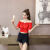 FZMF夏季女装韩版一字肩系带漏肩短袖雪纺衫收腰短款小心机洋气上衣 红色 S (75-90斤）