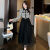 TGAI小香风连衣裙套装加厚领女秋冬新款时尚韩版名媛收腰千鸟格裙 黑色 XL