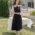 皮尔卡丹洋气质新款中式复古雪纺撞色拼接假两件收腰显瘦连衣裙子夏季女装 黑色 S