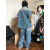 香芙伦春夏季泼墨短袖牛仔衬衫男设计感小众日系风格穿搭复古半袖上衣 蓝色 m