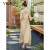 VKHV品牌两件套新中式连衣裙印花设计感2024夏季新款修身显瘦裙子 卡其色 M(90斤-105斤)
