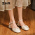 ZHR包头凉鞋女2024夏季新款新中式刺绣珍珠一字带玛丽珍气质粗跟单鞋 米白 35