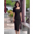 艾格夏季性感开叉法式方领短袖连衣裙女2024新款高级感修身包臀长裙子 黑色 M(建议98-108斤)