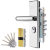 玥玛防盗门锁C级锁芯多功能入户门锁套装 不锈钢防撬面板拉手银色上门安装