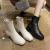 奥西颖大码女鞋网红方头瘦瘦靴中跟百搭粗跟短靴白色马丁靴 米白色[单款] 35