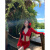FQAQ性感红色辣妹比基尼四件套泳衣女小胸长袖保守度假温泉泳装 红色(送头花) S