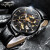 冠琴（GUANQIN）名牌全自动机械表手表男士潮流时尚商务防水双面镂空大表盘手表男 黑皮本色黑面手表