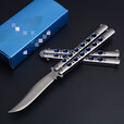 牧笛户外蝴蝶练习刀甩手刀精钢一体柄训练刀野营工具折叠收藏礼品刀 43蓝龙一体柄