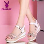 花花公子（PLAYBOY）凉鞋女坡跟增高休闲舒适一字扣带厚底防水台露趾 0021 白色 37