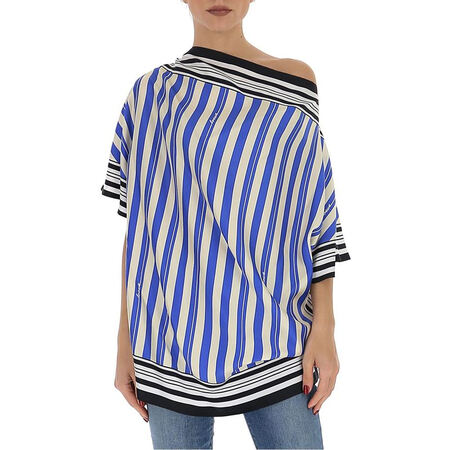 罗意威(loewe)新款女士蓝色条纹拼色丝质t恤 s2109700ak 蓝色 均码