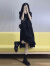 LPOX韩系学院风小黑裙v领长裙收腰显瘦2024年夏新款设计感小众连衣裙 黑色 2XL 125-135斤