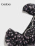 bebe春夏系列女士修身抽褶印花蕾丝泡泡袖木耳边连衣裙250006 花黑 M