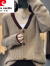 皮尔卡丹秋季新款100%纯羊绒开衫女V领宽松毛衣复古拼色休闲羊绒针织外套 深咖色 XL(125-135斤)