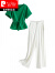 皮尔卡丹棉麻时尚套装女2024年夏装减龄洋气显瘦阔腿裤遮肉两件套套装针织 绿色套装 XL适合120-135斤左右