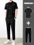 凡迪时尚（FANDISS）夏季商务休闲套装男士夏季刺绣Polo衫西裤搭配一套潮流简约两件套 LP59黑+黑裤 2XL