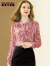 丹慕妮尔法式印花长袖上衣2024春季新款女装气质高级感荷叶边衬衫 粉色 2XL