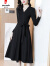 皮尔卡丹黑色长裙连衣裙秋季2024新款女装长袖V领高端气质赫本风小黑裙子 黑色 M 90-105