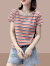 皮尔卡丹纯棉短袖t恤女2024年夏季新款士条纹上衣服装体.恤修身小个子 紫红色条纹 M (建议100斤以内)