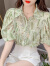 皮尔卡丹泡泡袖碎花雪纺衬衫女夏季2024年新款收腰上衣设计感小众法式小衫 绿色 XL  建议120-130斤