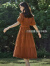 茵曼七七同款连衣裙2024夏女装新款法式方领收腰提花肌理泡泡袖连衣裙 橙色 XL