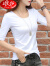 浪莎修身棉五分袖T恤女2024年夏季新款休闲韩版紧身中袖打底衫上衣 黑色(V 领) XL 115-125斤