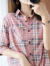 东方鸭夏季韩版棉麻上衣女格子衬衫短袖宽松显瘦纯棉衬衣百搭外套潮 粉格 XL 建议118-128斤