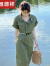 恒源祥军绿色短袖衬衫连衣裙2023年夏季新款中长款小个子百搭显瘦裙子女 M(建议95-105斤)