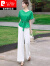 皮尔卡丹棉麻时尚套装女2024年夏装减龄洋气显瘦阔腿裤遮肉两件套套装针织 绿色套装 XL适合120-135斤左右