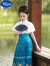 迪士尼（Disney）中国风女童马面裙儿童小仙女汉服古装套装薄款夏季长短袖明制唐装 蓝色短袖套装(裙+上衣+项链) 140