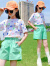 川孩女童休闲爱心款夏季套装2022新款时尚网红长袖T恤短裤两件套纯棉t 青色 110cm