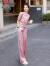 皮尔卡丹休闲时尚套装女2024夏新款运动时髦洋气减龄冰丝短袖阔腿裤两件套 粉红色 M