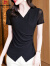 皮尔卡丹短袖T恤女士夏季装2024年新款设计感修身不规则网纱小衫冰丝上衣 黑色 3XL 125-135斤