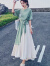 妍莉芬 法式短袖新款连衣裙女装夏天2024年夏季韩版气质a字桔梗长裙子 白+绿 2XL