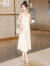 丝柏舍流苏连衣裙2024夏装新款女装时尚V领温柔高级感吊带中长裙 米白色 XL