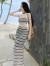摩舍沙滩裙度假两件套流苏边黑白条纹针织抹胸背心夏季新款半身裙套装 图片色 S
