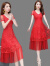 皮尔卡丹气质网纱绣花连衣裙2024新款短袖小个子夏季长款长裙礼服裙子夏天 红色 长-款 M 90-99斤