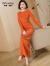 帝弗·润驰2024冬装新款气质优雅橘色收腰针织连衣裙长款修身一步裙 橘色 XL