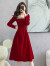 韩善樱秋季新款法式赫本风感红色中长款丝绒订婚新娘礼服连衣裙3586 黑色 -L-