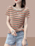 皮尔卡丹纯棉短袖t恤女2024年夏季新款士条纹上衣服装体.恤修身小个子 紫红色条纹 M (建议100斤以内)