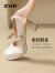 ZHR单鞋女复古法式星星玛丽珍鞋女气质粗跟浅口女鞋 EH55 米色 38 