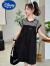 迪士尼女童夏季2024新款中大童韩版时髦假两件条纹短袖拼接工装连衣裙 黑色 120cm