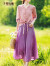 子牧棉麻2023夏装 女法式V领两件套连衣裙收腰显七分袖两件套装9585 粉色 XL(建议115-125斤)