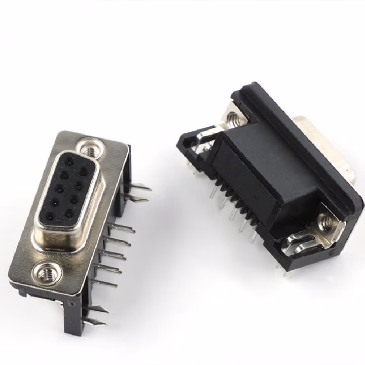 安达通 串口连接器 COM口针芯焊线式插头九针免焊双排接头 DR9母头90度不带