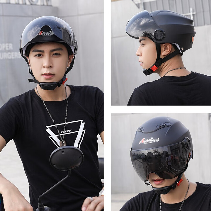 Andes HELMET3c认证电动摩托车头盔男四季女士夏季头盔安全帽四季通用夏天半盔 哑黑黑茶短【升级3C款】