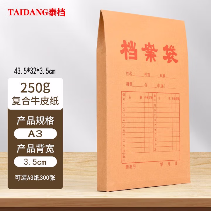 泰档国产A3档案袋牛皮纸档案袋10个