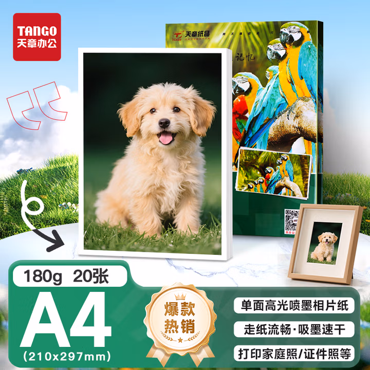 天章 （TANGO）A4相纸180g 单面高光相片纸 名片定制打印相片 彩色照片打印纸 a4喷墨证件照打印机照相纸 20张/包