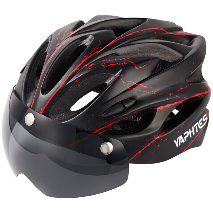 yaphtes骑行头盔自行车头盔国标认证磁吸风镜男女安全帽 黑红色