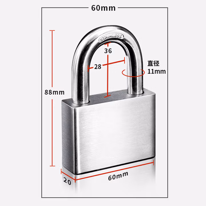 百金顿 304不锈钢挂锁 60mm短梁通开锁 户外仓库车厢大门电力表箱通用锁 防