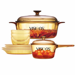 康宁VISIONS玻璃奶锅单柄1L+3.25L+琥珀色餐具7件套汤锅碗碟锅具套装