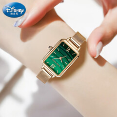 迪士尼（Disney）优雅时尚简约小绿表防水石英表高中学生初中小巧精致轻奢方形手表  网带小绿表